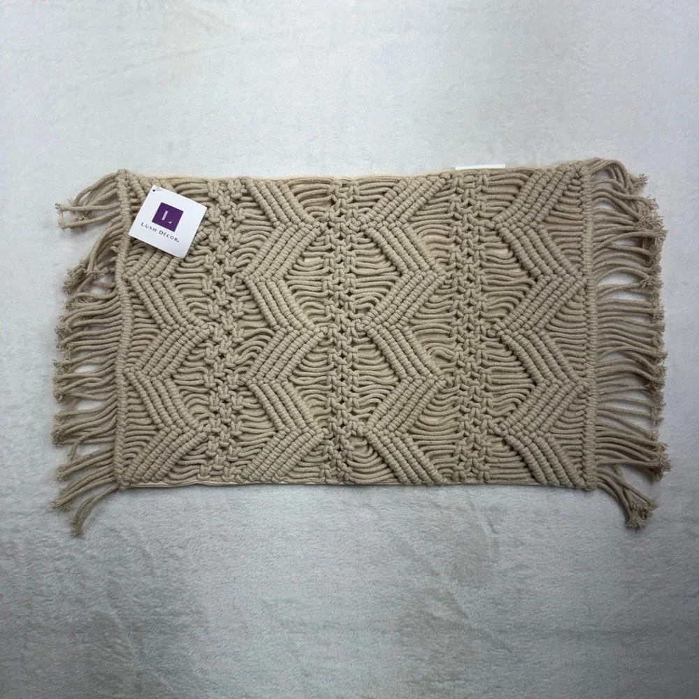 Lush Decor 13x20 Pillow Cover Macrame Boho Tan Cotton Fringe Chevron Decorative